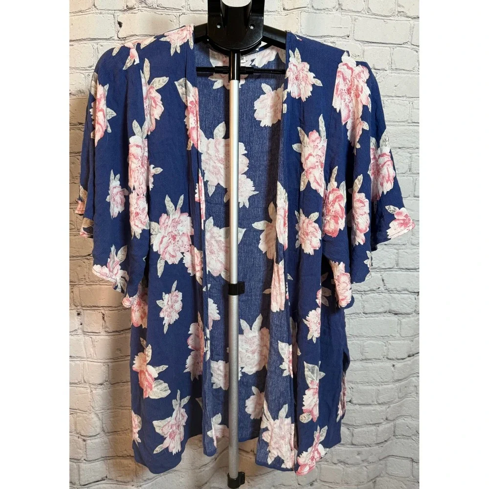 Andree by‎ Unit Navy Blue Pink Floral Kimono Cardigan Open Front Rayon Medium